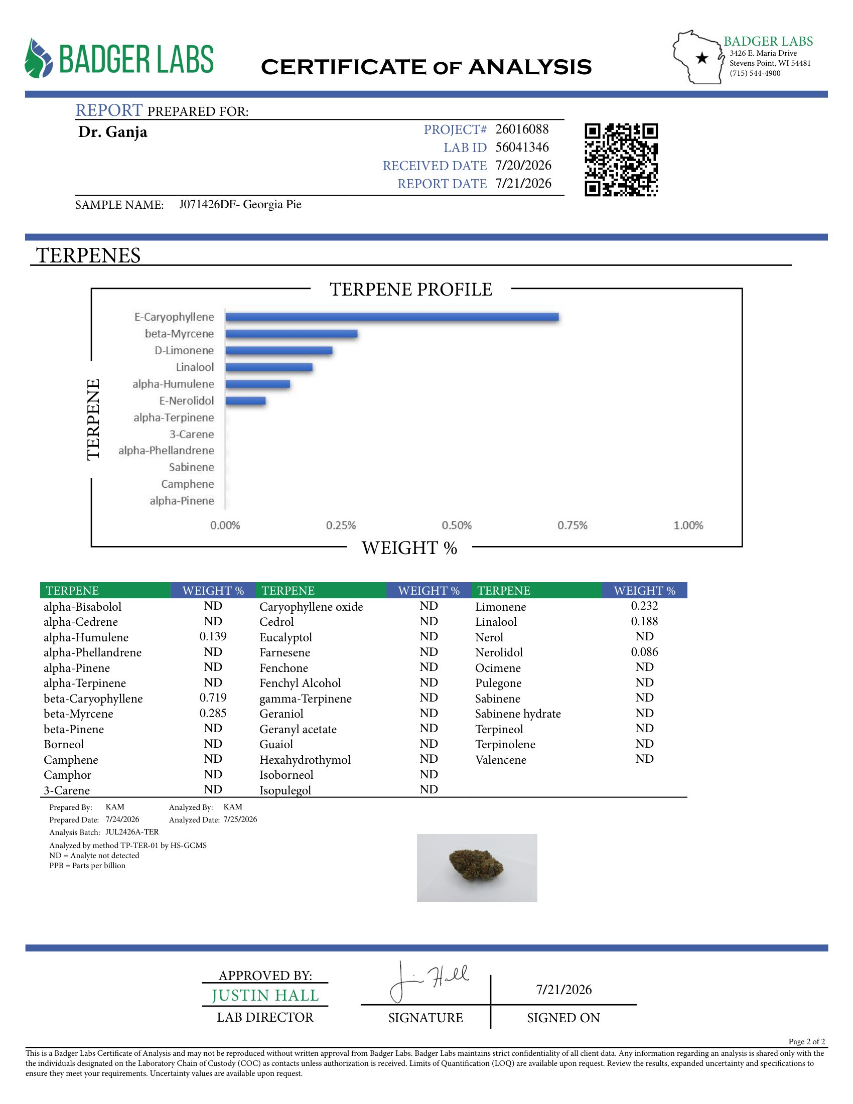 Georgia Pie Terpenes Certificate of Analysis