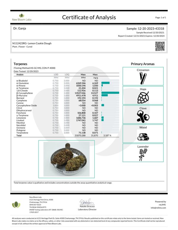 Lemon Cookie Dough Terpenes Certificate of Analysis