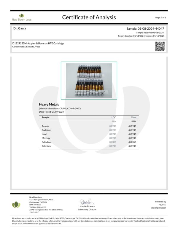 Diamond Distillate HTE Cartridge Apples & Bananas Heavy Metals Certificate of Analysis