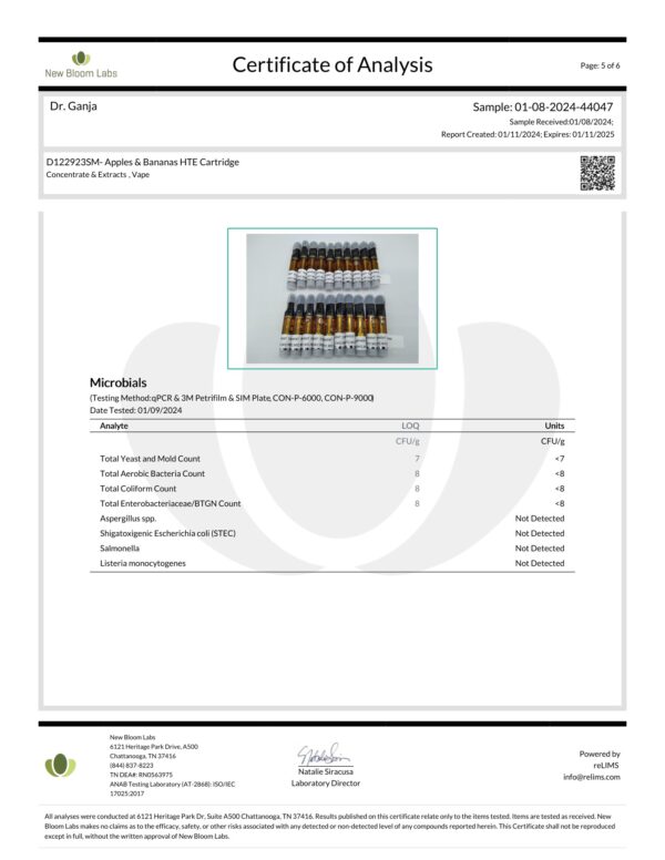Diamond Distillate HTE Cartridge Apples & Bananas Microbials Certificate of Analysis