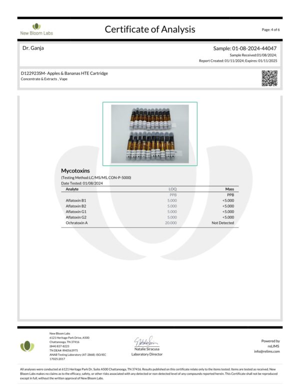 Diamond Distillate HTE Cartridge Apples & Bananas Mycotoxins Certificate of Analysis