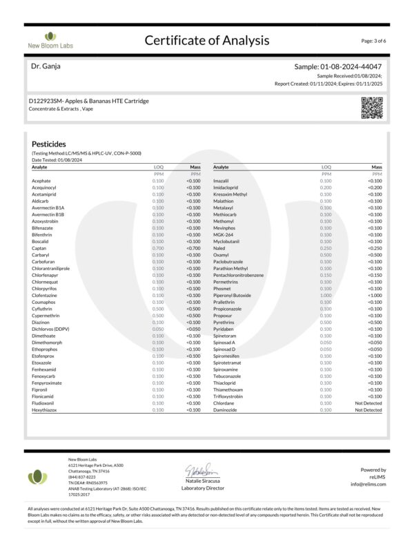 Diamond Distillate HTE Cartridge Apples & Bananas Pesticides Certificate of Analysis