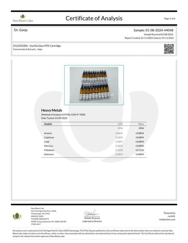 Diamond Distillate HTE Cartridge Gorilla Glue Heavy Metals Certificate of Analysis