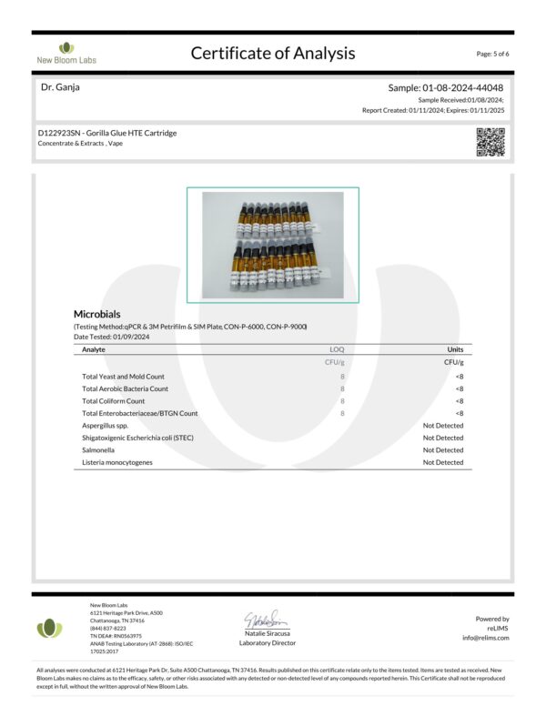 Diamond Distillate HTE Cartridge Gorilla Glue Microbials Certificate of Analysis