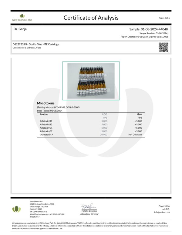 Diamond Distillate HTE Cartridge Gorilla Glue Mycotoxins Certificate of Analysis