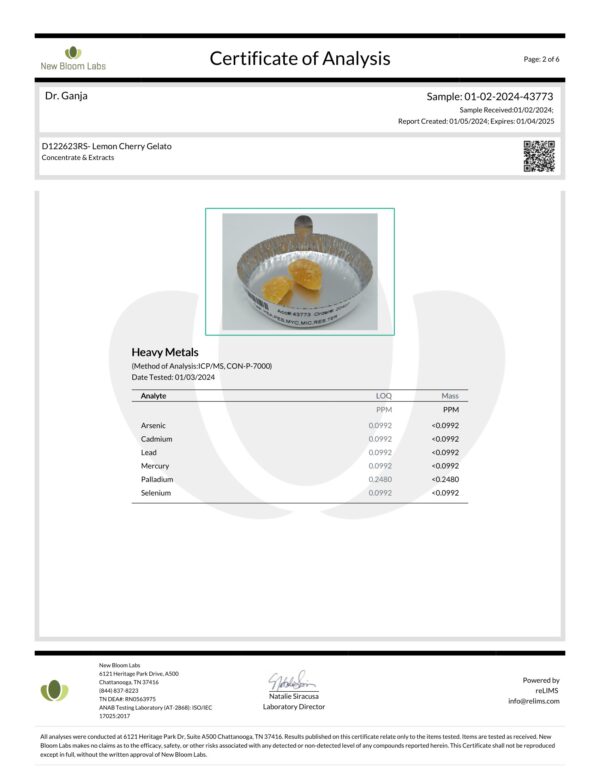 Lemon Cherry Gelato Crumble Heavy Metals Certificate of Analysis