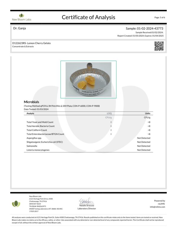 Lemon Cherry Gelato Crumble Microbials Certificate of Analysis