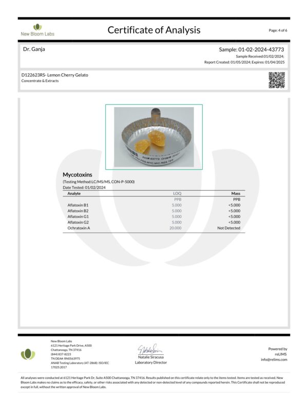 Lemon Cherry Gelato Crumble Mycotoxins Certificate of Analysis