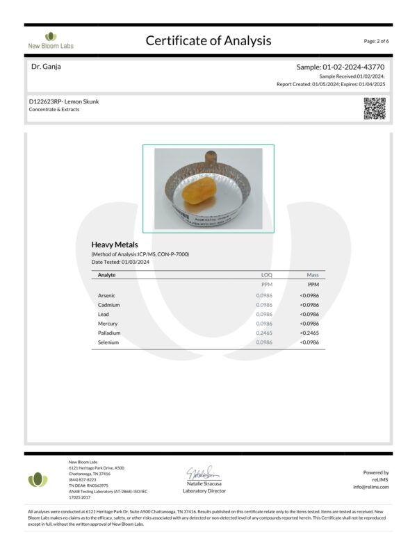 Lemon Skunk Crumble Heavy Metals Certificate of Analysis
