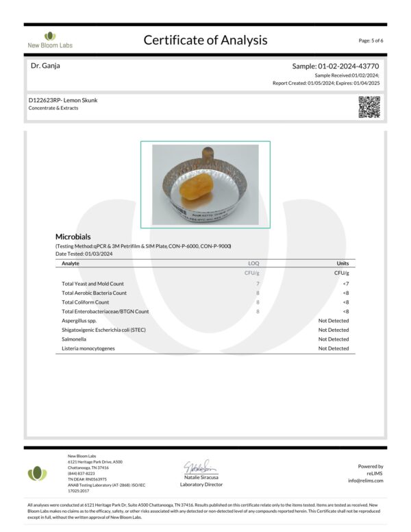 Lemon Skunk Crumble Microbials Certificate of Analysis