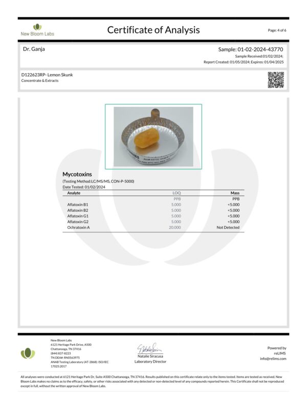 Lemon Skunk Crumble Mycotoxins Certificate of Analysis
