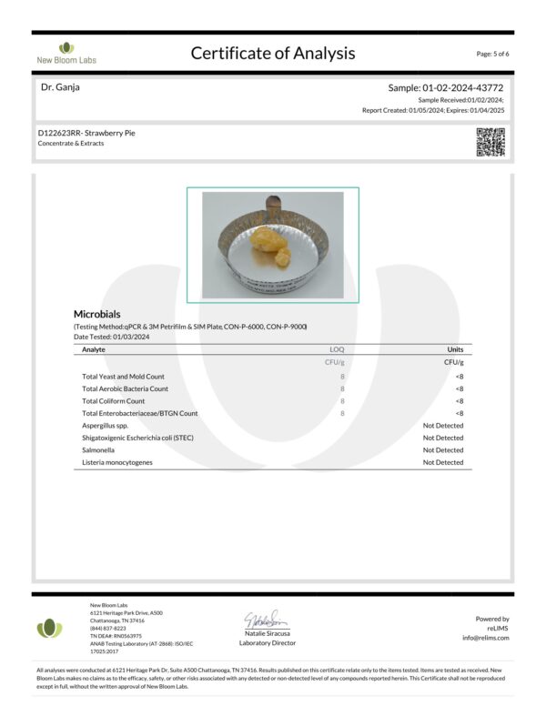 Strawberry Pie Crumble Microbials Certificate of Analysis