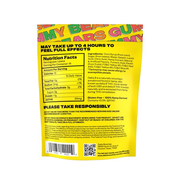 Delta Munchies Delta 8 Gummies Gummy Bears 450mg 15ct Supplement Facts