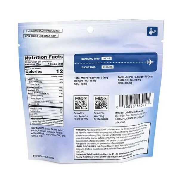 Urb Delta 9 CBD Gummies Blueberry Pomegranate 750mg 25ct Supplement Facts