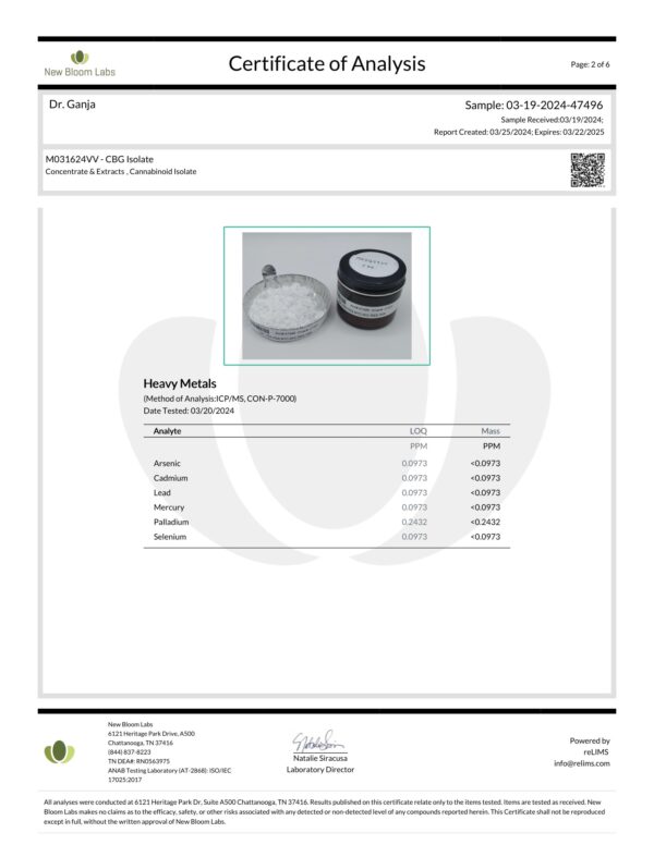 CBG Isolate Heavy Metals Certificate of Analysis