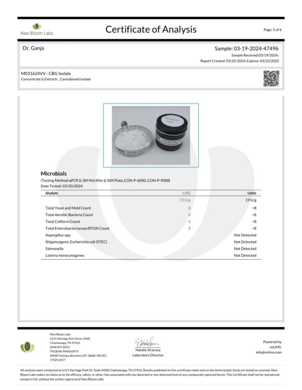 CBG Isolate Microbials Certificate of Analysis