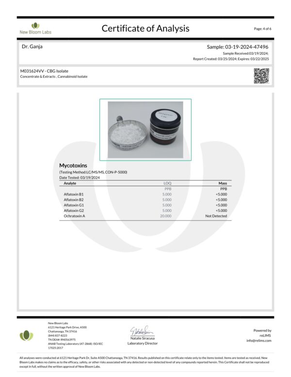 CBG Isolate Mycotoxins Certificate of Analysis