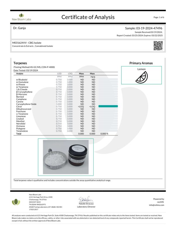 CBG Isolate Terpenes Certificate of Analysis