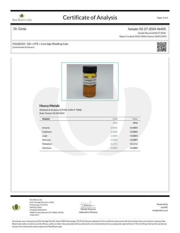 Diamond Distillate HTE Cartridge Wedding Cake Heavy Metals Certificate of Analysis