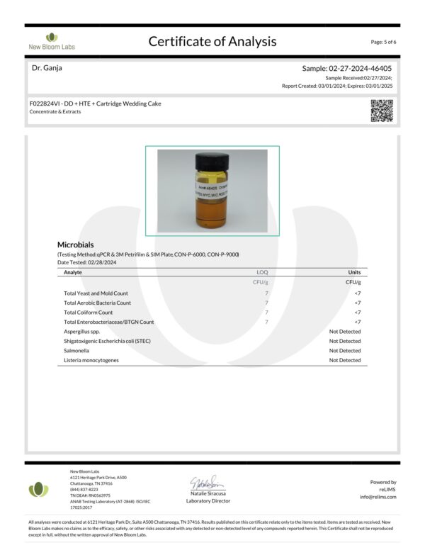 Diamond Distillate HTE Cartridge Wedding Cake Microbials Certificate of Analysis