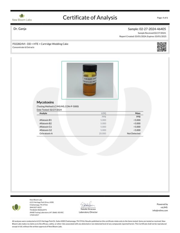 Diamond Distillate HTE Cartridge Wedding Cake Mycotoxins Certificate of Analysis