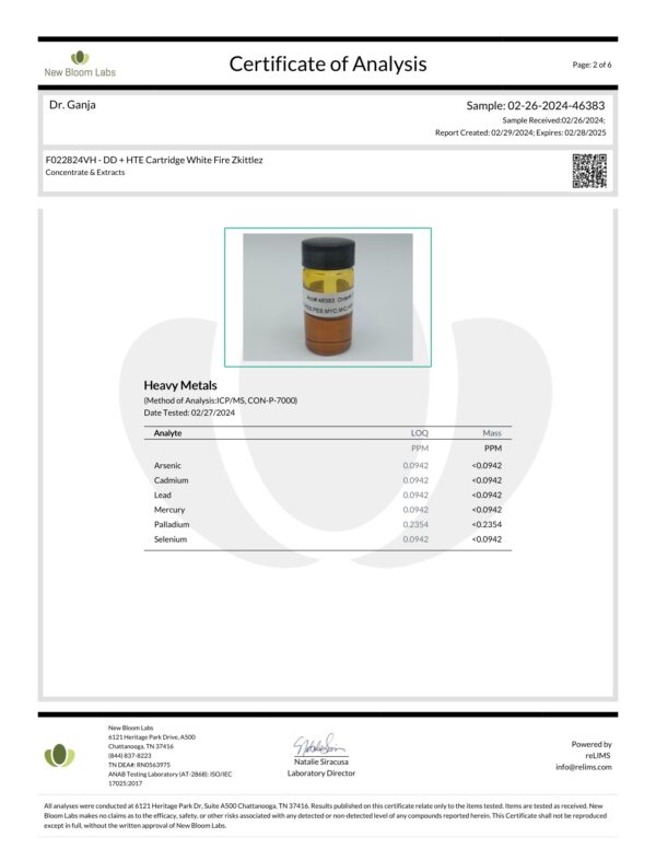 Diamond Distillate HTE Cartridge White Fire Zkittlez Heavy Metals Certificate of Analysis