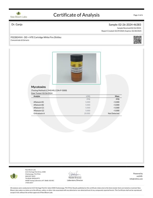 Diamond Distillate HTE Cartridge White Fire Zkittlez Mycotoxins Certificate of Analysis