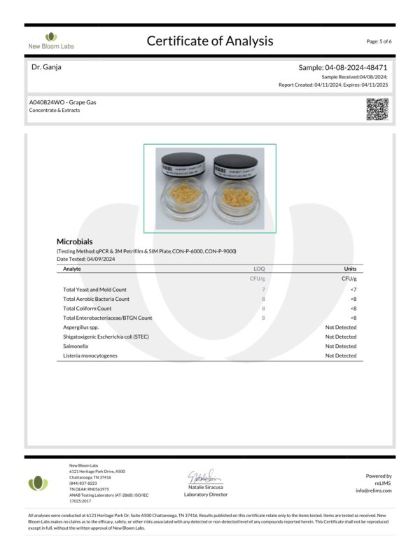 Grape Gas Crumble Microbials Certificate of Analysis