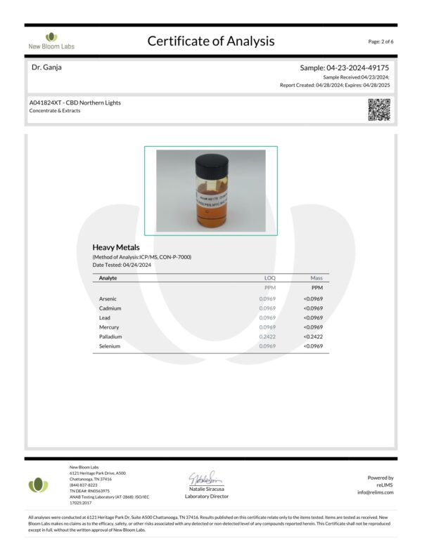 CBD Cartridge Northern Lights Heavy Metals Certificate of Analysis