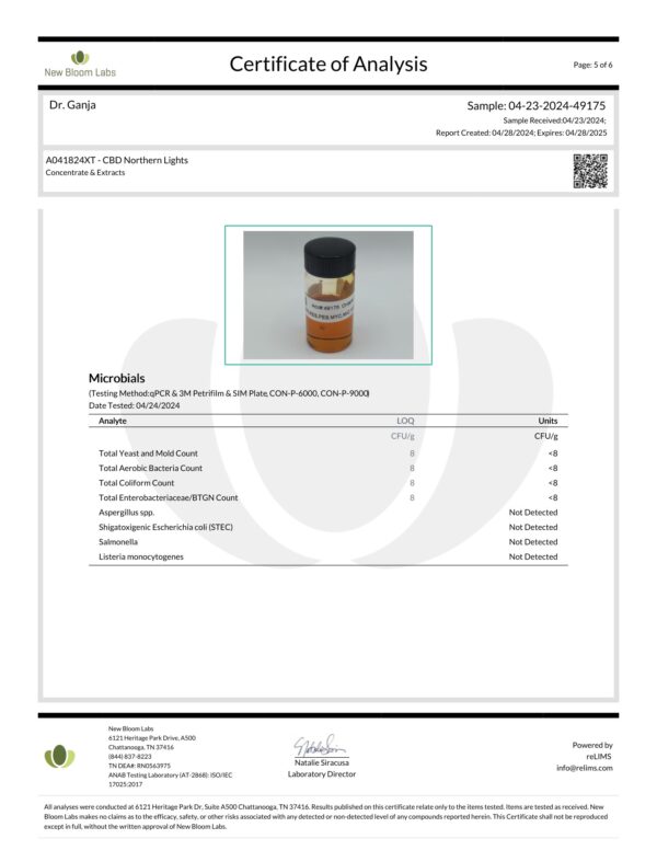 CBD Cartridge Northern Lights Microbials Certificate of Analysis