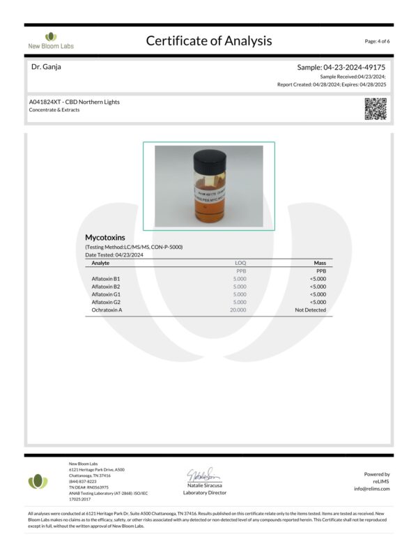 CBD Cartridge Northern Lights Mycotoxins Certificate of Analysis