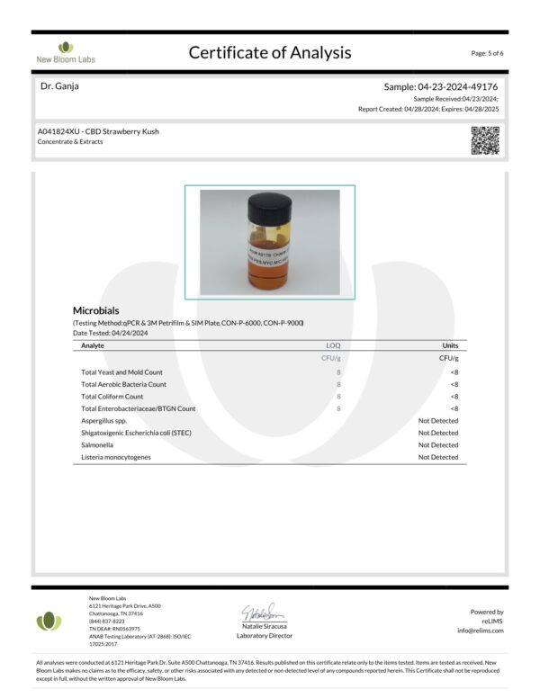 CBD Cartridge Strawberry Kush Microbials Certificate of Analysis