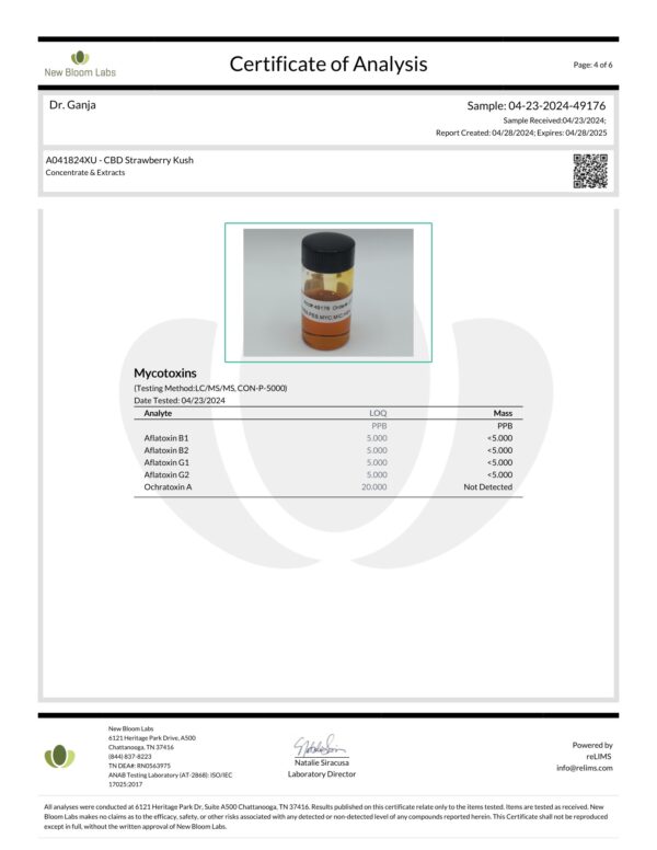 CBD Cartridge Strawberry Kush Mycotoxins Certificate of Analysis