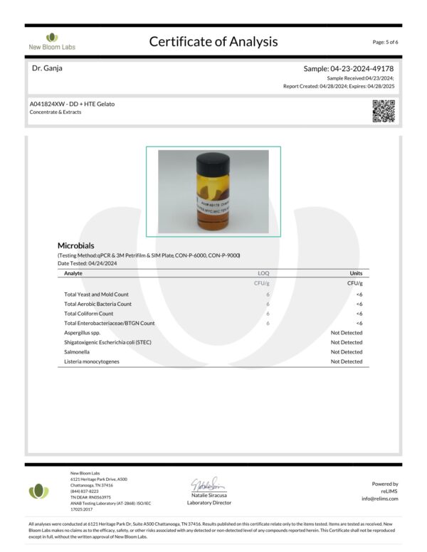 Diamond Distillate + HTE Cartridge Gelato Microbials Certificate of Analysis