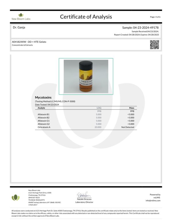 Diamond Distillate + HTE Cartridge Gelato Mycotoxins Certificate of Analysis