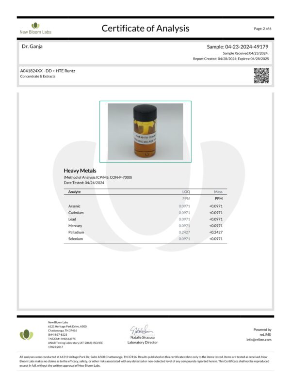 Diamond Distillate + HTE Cartridge Runtz Heavy Metals Certificate of Analysis