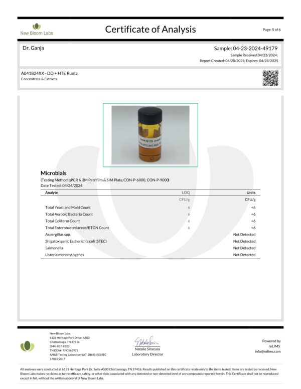 Diamond Distillate + HTE Cartridge Runtz Microbials Certificate of Analysis
