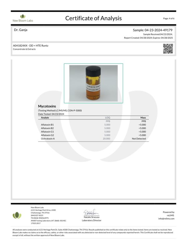 Diamond Distillate + HTE Cartridge Runtz Mycotoxins Certificate of Analysis