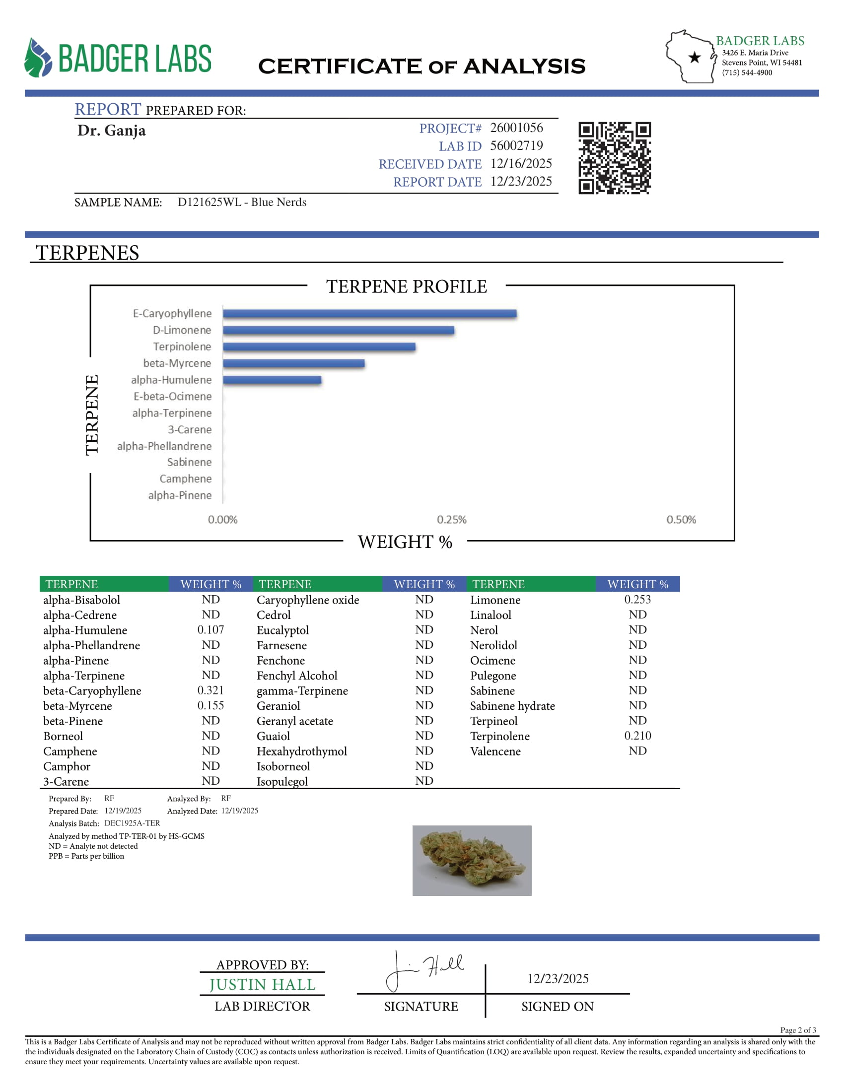 Blue Nerds Terpenes Certificate of Analysis