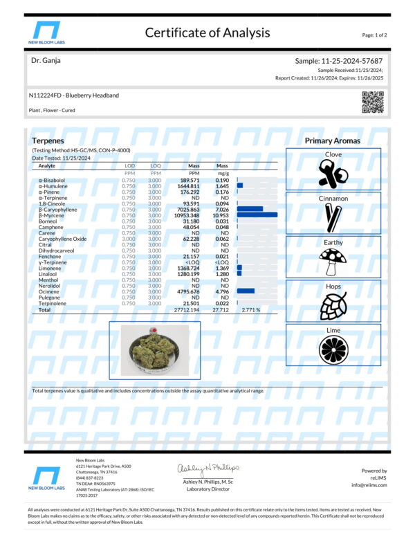 Blueberry Headband Terpenes Certificate of Analysis