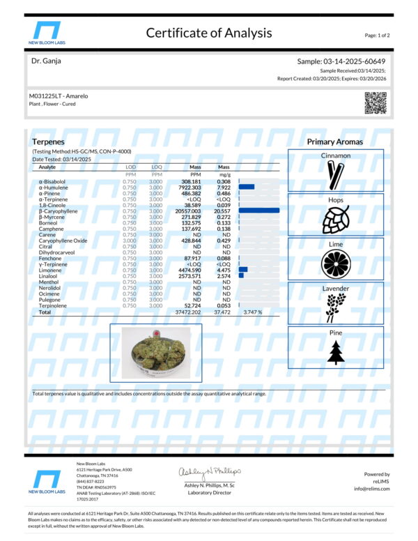 Amarelo Terpenes Certificate of Analysis