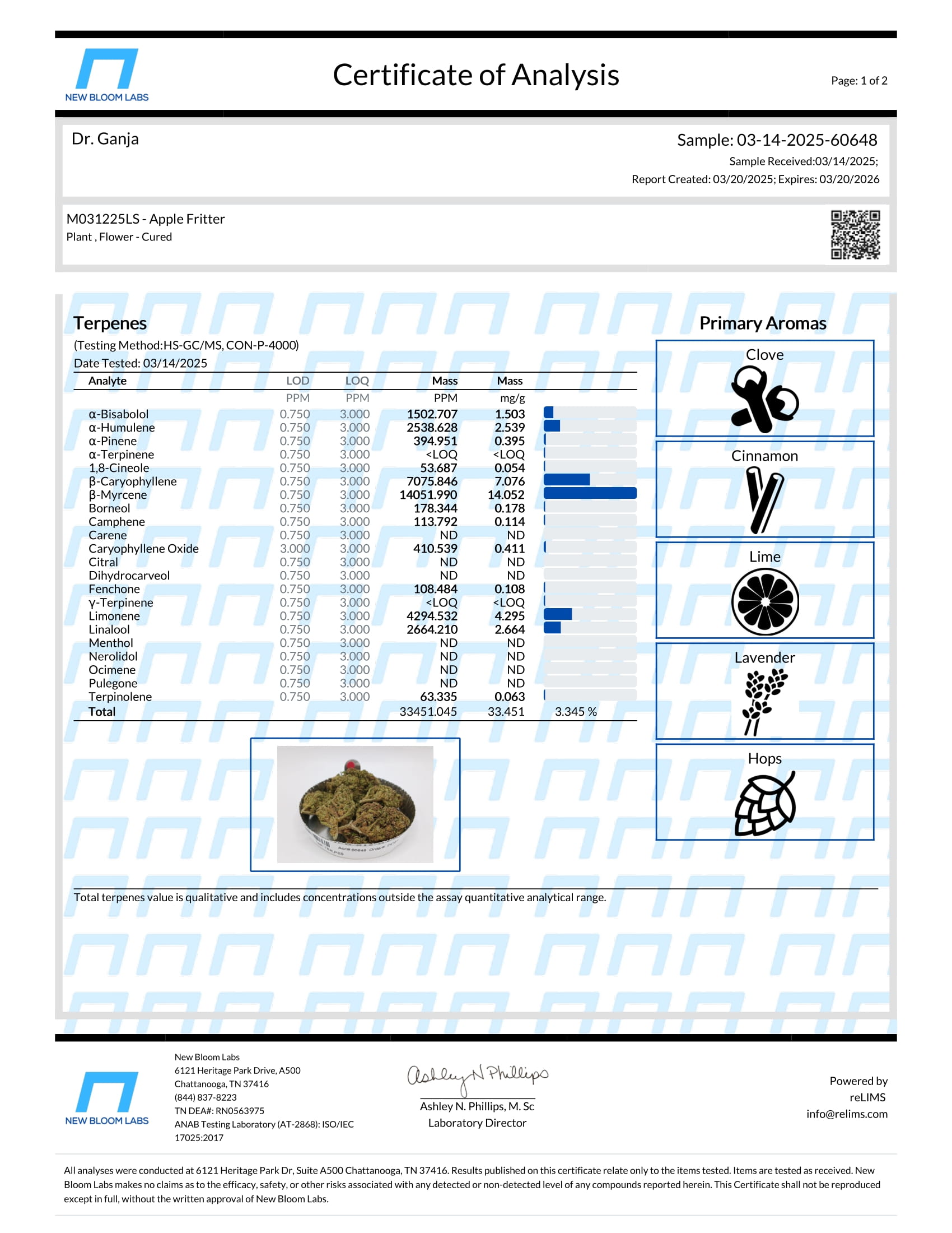Apple Fritter Terpenes Certificate of Analysis
