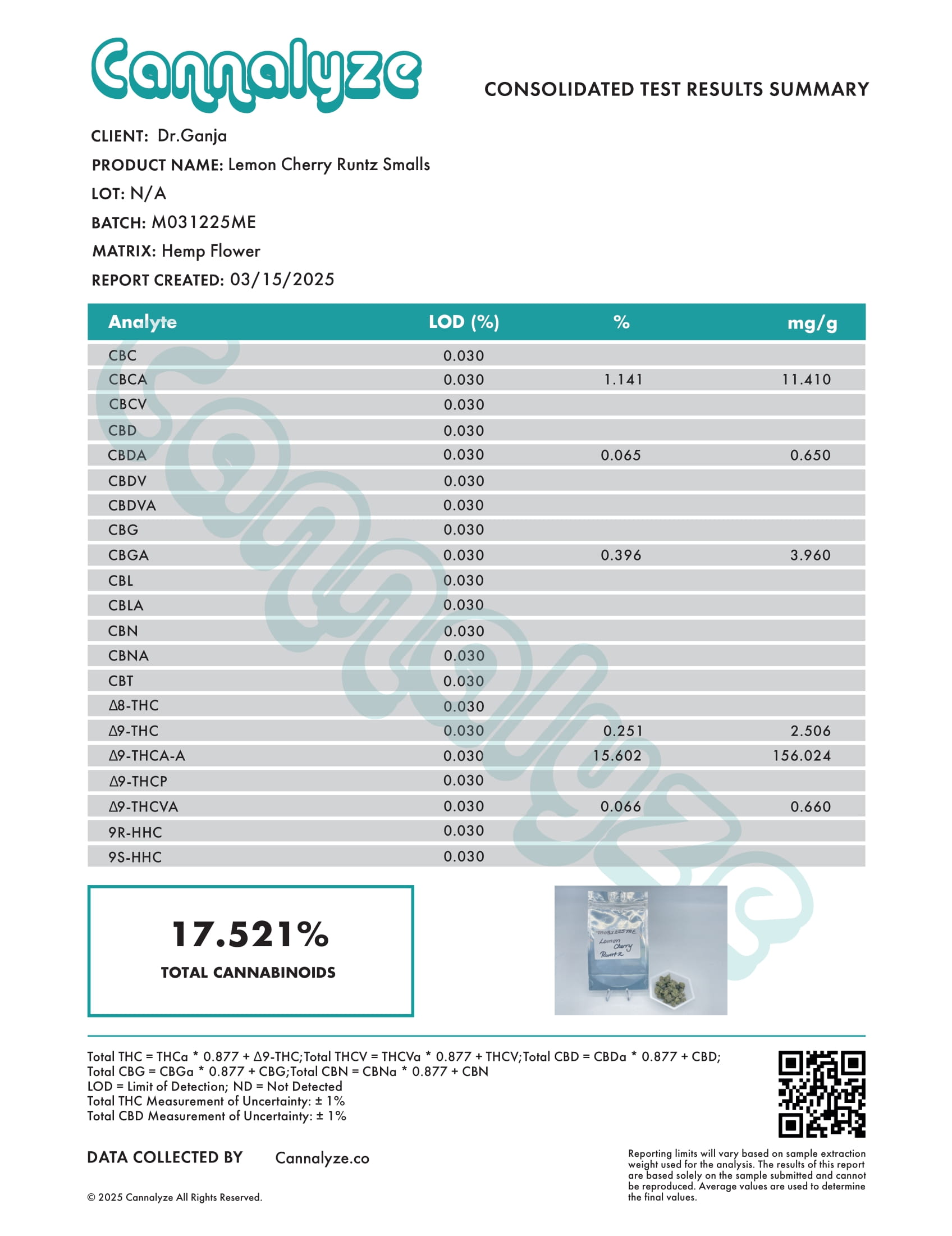 Lemon Cherry Runtz Smalls Cannabinoids Certificate of Analysis