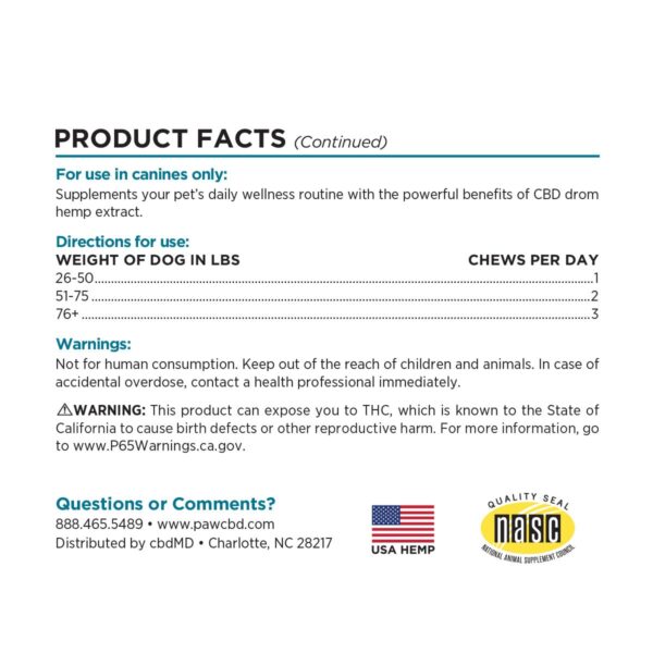 Paw CBD Hard Chews for Dogs Peanut Butter 300mg 30ct Supplement Facts