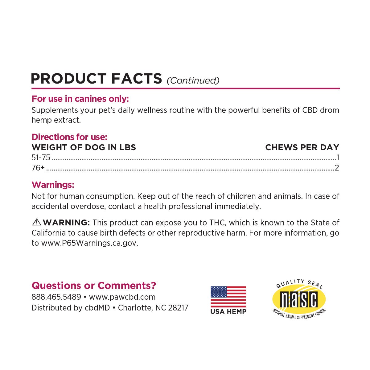 Paw CBD Hard Chews for Dogs Peanut Butter 600mg 30ct Supplement Facts