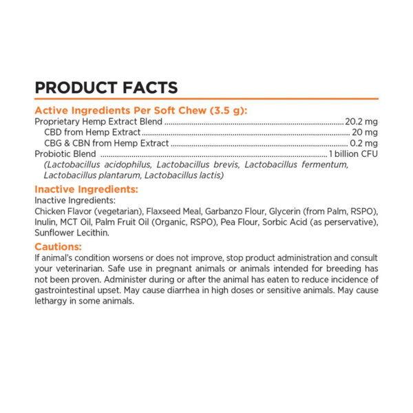 Paw CBD Probiotic Chews Chicken 600mg 30ct Supplement Facts