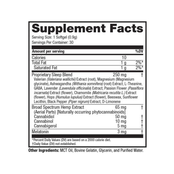 cbdMD Broad Spectrum CBD Sleep Softgels 1950mg 30ct Supplement Facts