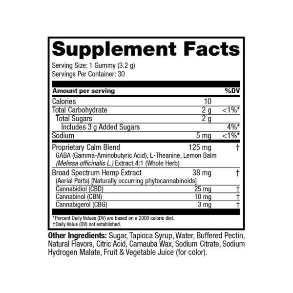 cbdMD Broad Spectrum Calming Gummies Raspberry 1140mg 30ct Supplement Facts