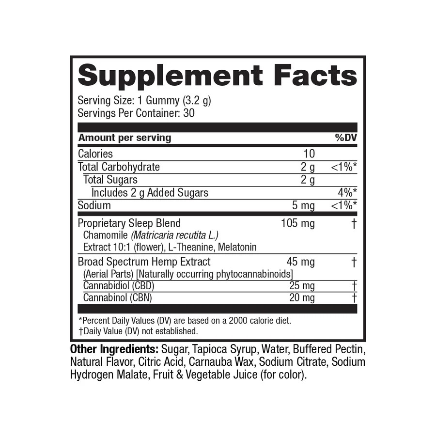 cbdMD Broad Spectrum Sleep Gummies Tropical Mix 2700mg 30ct Supplement Facts