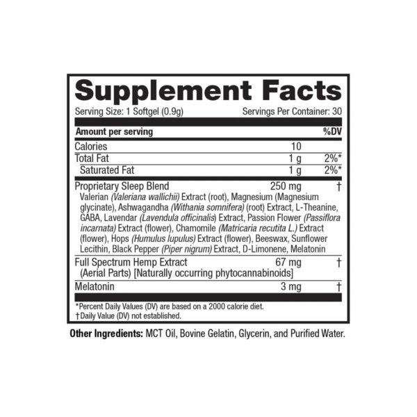 cbdMD Full Spectrum CBD Sleep Softgels 1860mg 30ct Supplement Facts